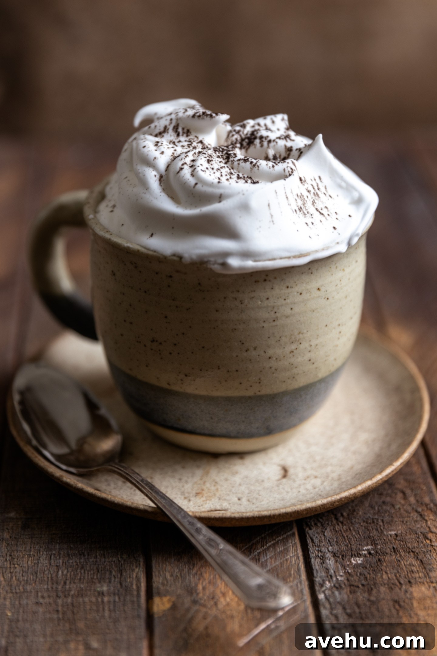 Instant Comfort Microwave Hot Cocoa for One 6 A beautifully garnished mug of hot chocolate, topped with a generous swirl of whipped cream and a sprinkle of cocoa powder, rests on a plate with a spoon nearby. The focus is on the luxurious topping.