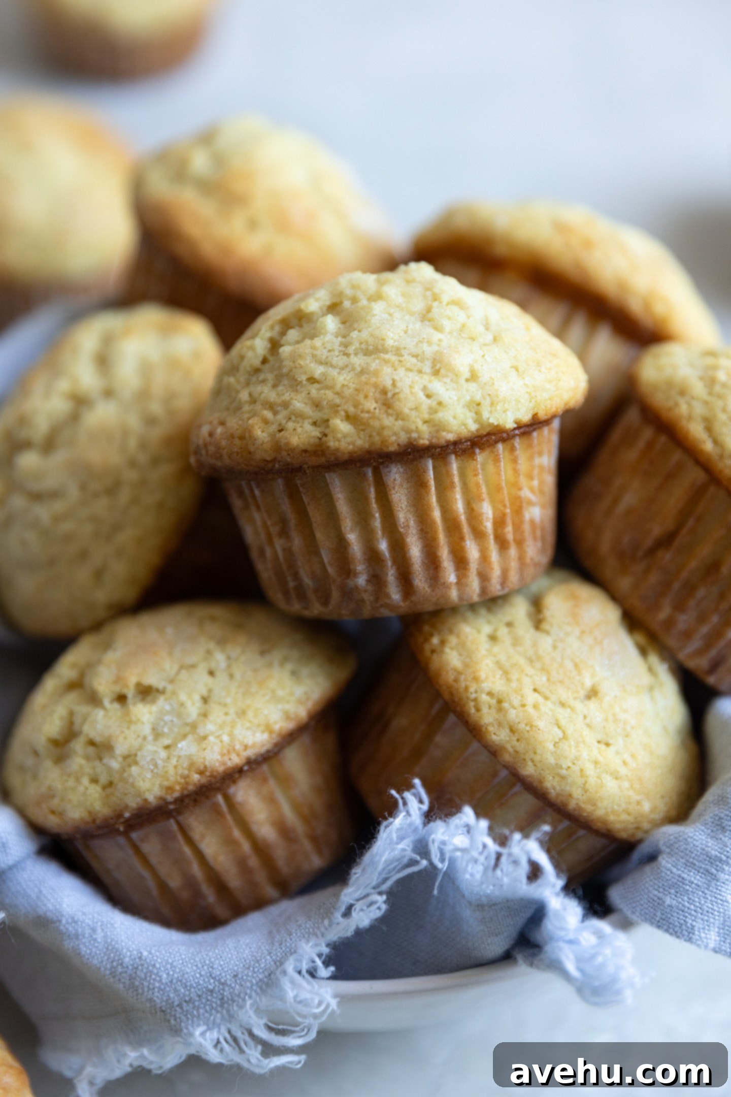 Classic Soft & Moist Muffins 2 Muffins on top of each other in a bowl lined with a blue linen.