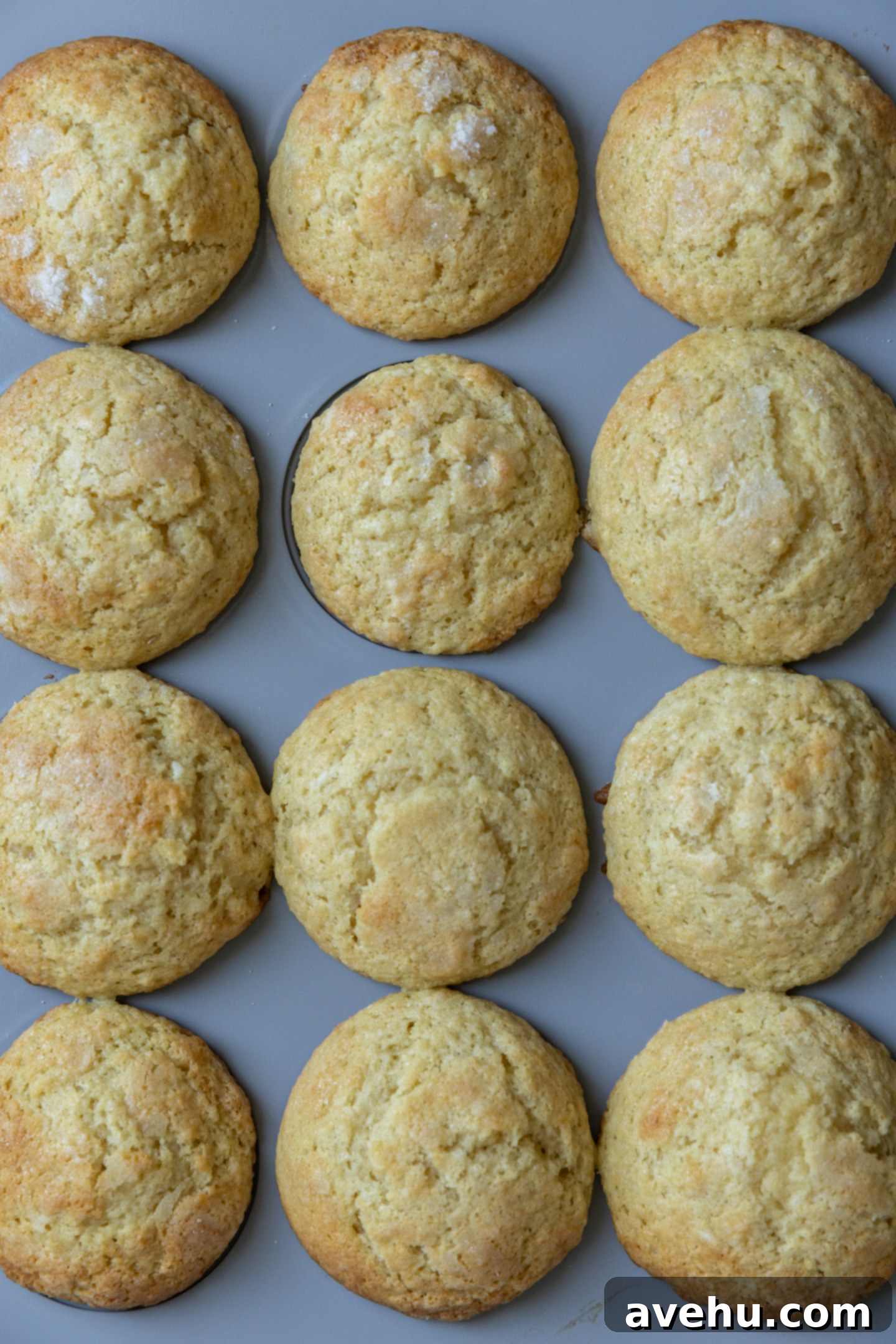 Classic Soft & Moist Muffins 3 Fresh muffins in a muffin tin.