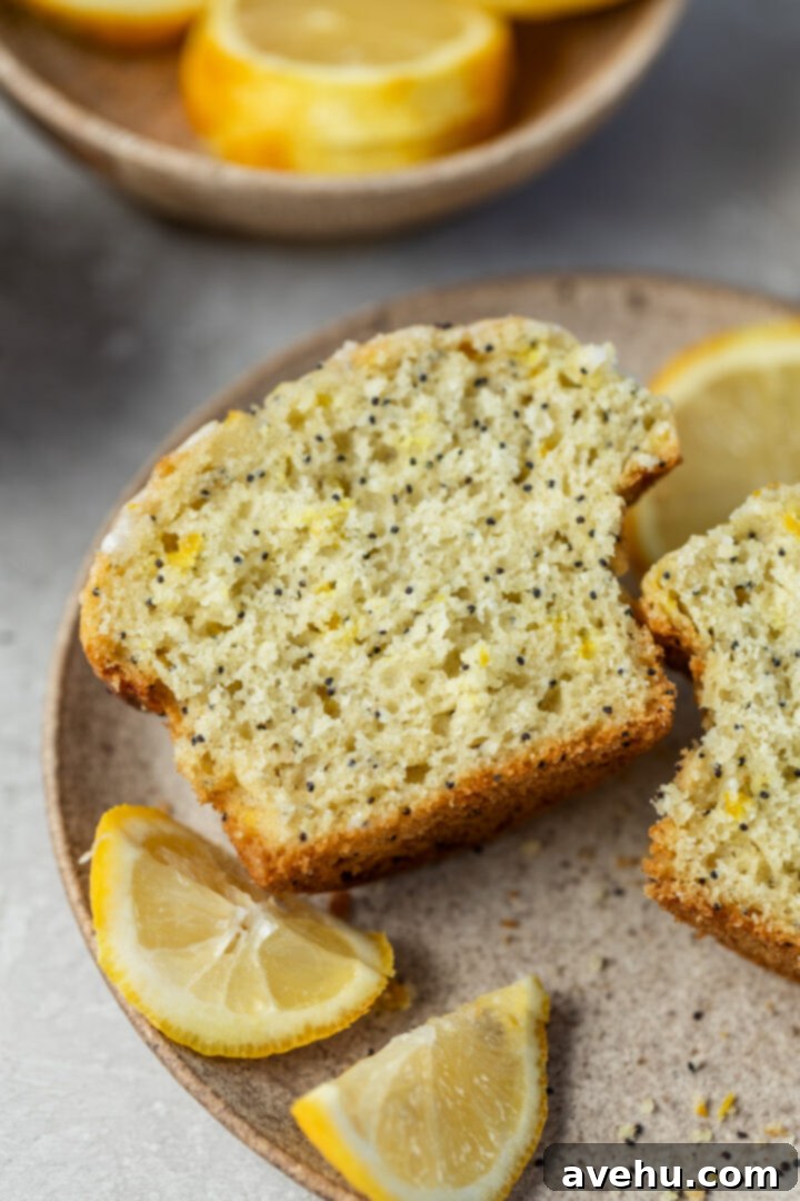 Lemon Poppy Seed Muffins Beyond Bakery Quality 3 A delicious lemon poppy seed muffin, expertly split in half to showcase its light, fluffy texture and abundance of tiny poppy seeds within, resting on a clean white plate.