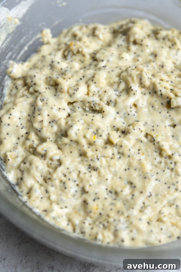 Lemon Poppy Seed Muffins Beyond Bakery Quality 6 A close-up of the lumpy lemon poppy seed muffin batter in a bowl, showcasing its ideal thick consistency before baking.