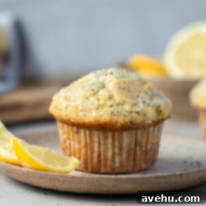 Lemon Poppy Seed Muffins Beyond Bakery Quality 9 A beautifully baked lemon poppy seed muffin, presented alongside a fresh lemon slice on a delicate white plate, showcasing its golden top and inviting texture.