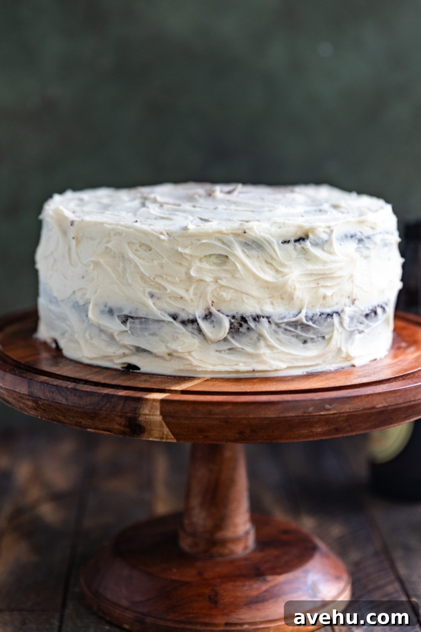 Guinness Kissed Chocolate Cake with Baileys Cloud 2 A two-layer Guinness chocolate cake with creamy white Baileys frosting, garnished with chocolate shavings, resting on a rustic wooden cake stand.