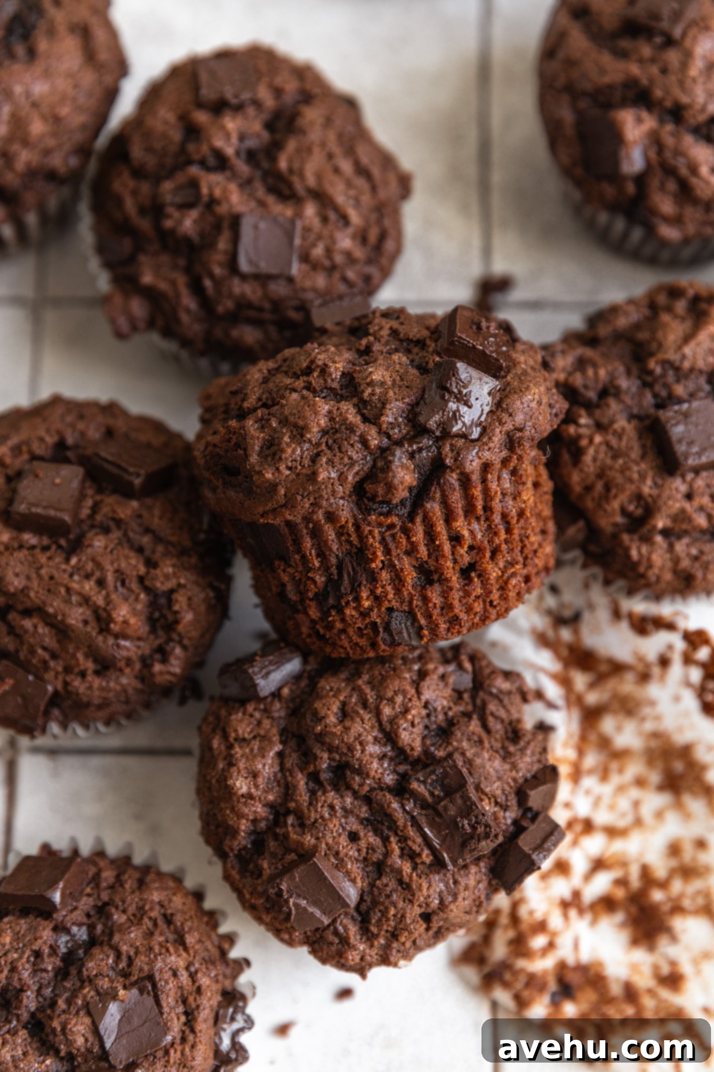 Ultimate Bakery Triple Chocolate Muffins 2 Triple chocolate muffins on a tiled backdrop.