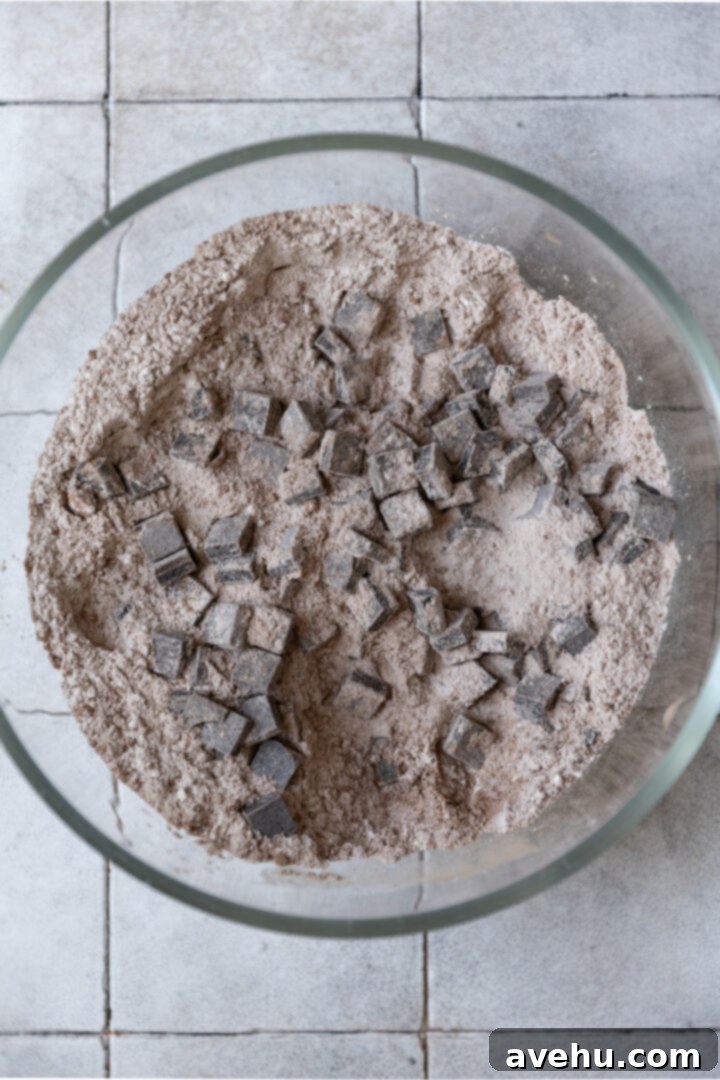 Melt-in-Your-Mouth S'mores Chocolate Muffins 4 Dry ingredients for S'mores muffins, including flour, cocoa powder, sugar, and chocolate chips, in a mixing bowl.