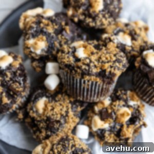 Close-up of a S'mores muffin in a rustic bowl, highlighting its fluffy texture, melted chocolate, and toasted marshmallow and graham cracker streusel topping.