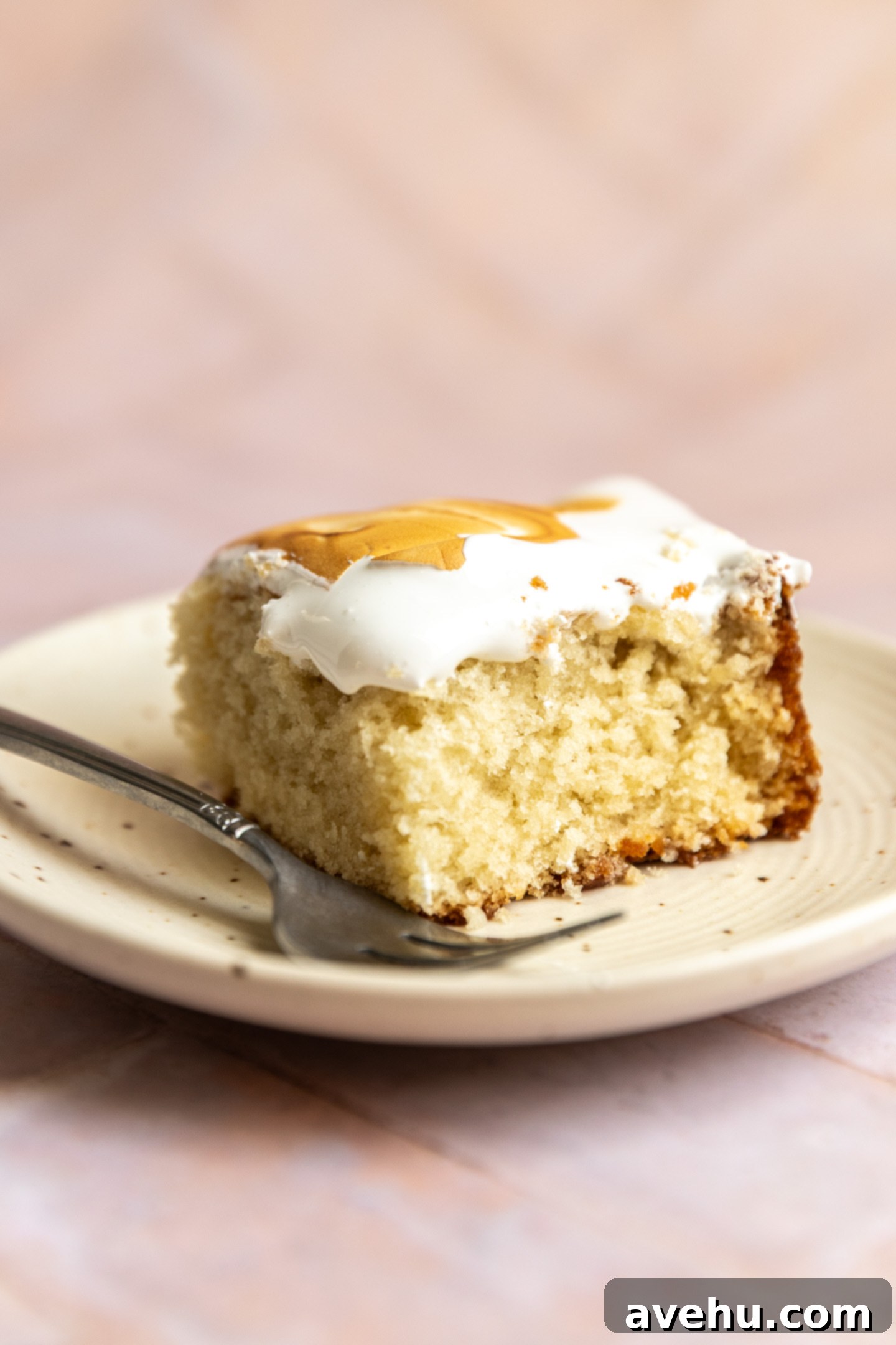 The Ultimate Vanilla Sheet Cake 3 A slice of vanilla sheet cake on a plate.