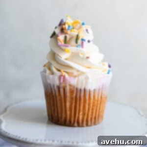 Seriously Addictive Swiss Meringue Buttercream 18 A vanilla cupcake piped with swiss meringue buttercream and colorful sprinkles.