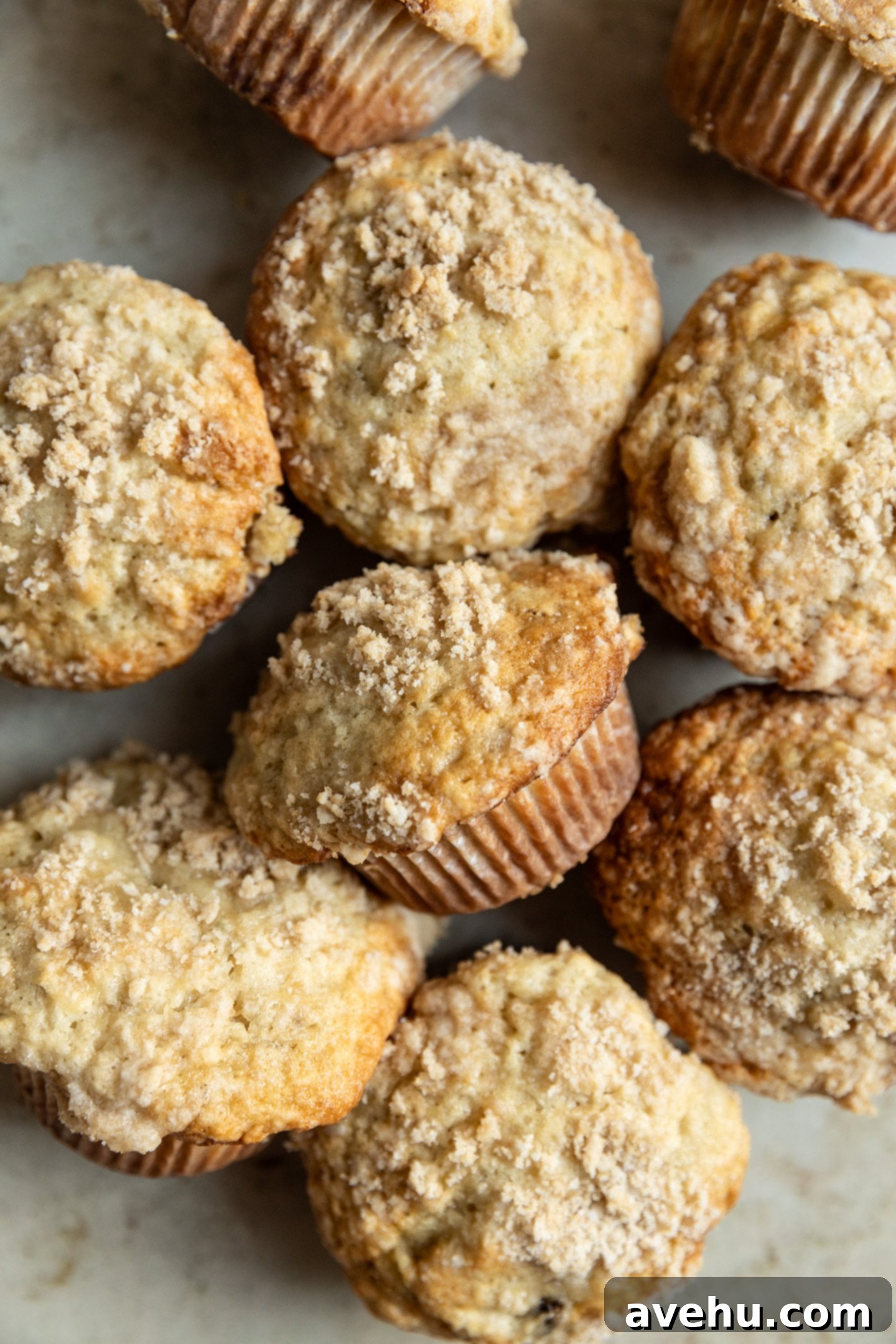 Perfectly Moist Bakery-Style Banana Muffins 2 Freshly baked bakery-style banana muffins with streusel topping, arranged on a surface.