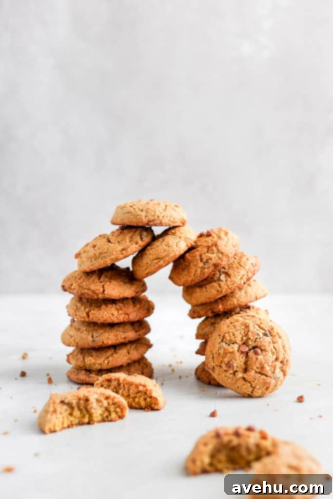 Chewy Pumpkin Maple Spice Cookies 7 Close-up of a chewy pumpkin maple cookie broken in half, showing its soft interior and melted caramel chips.