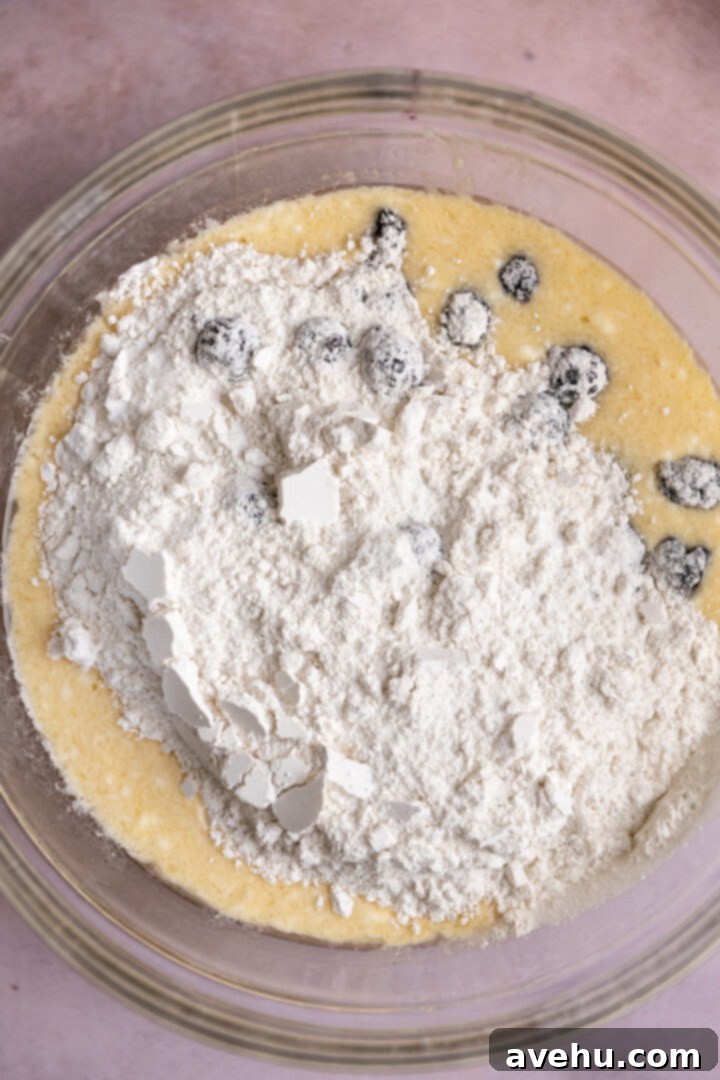 Crave-Worthy Blackberry Streusel Muffins 8 Dry and wet ingredients combined for a lumpy blackberry muffin batter, mixed with a spatula.