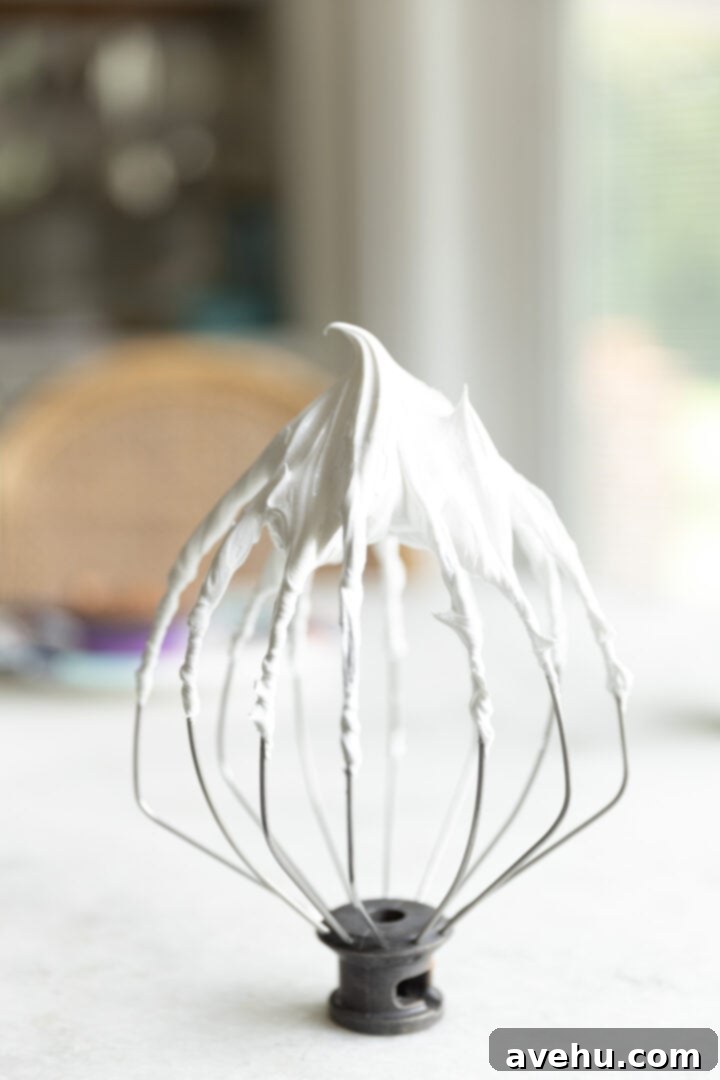 Decadent Cocoa Swiss Meringue Buttercream 7 A whisk attachment displaying firm, glossy stiff peaks of white Swiss meringue.