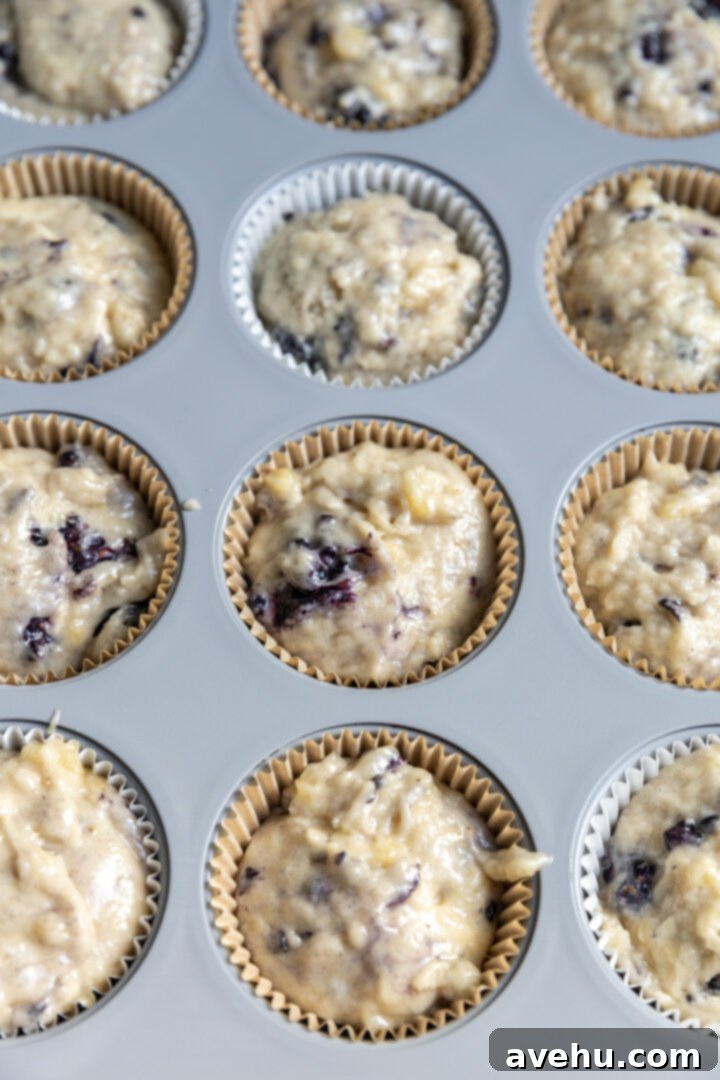 Ultimate Bakery Banana Blackberry Muffins 10 Muffin tin with liners filled to the top with banana blackberry muffin batter.