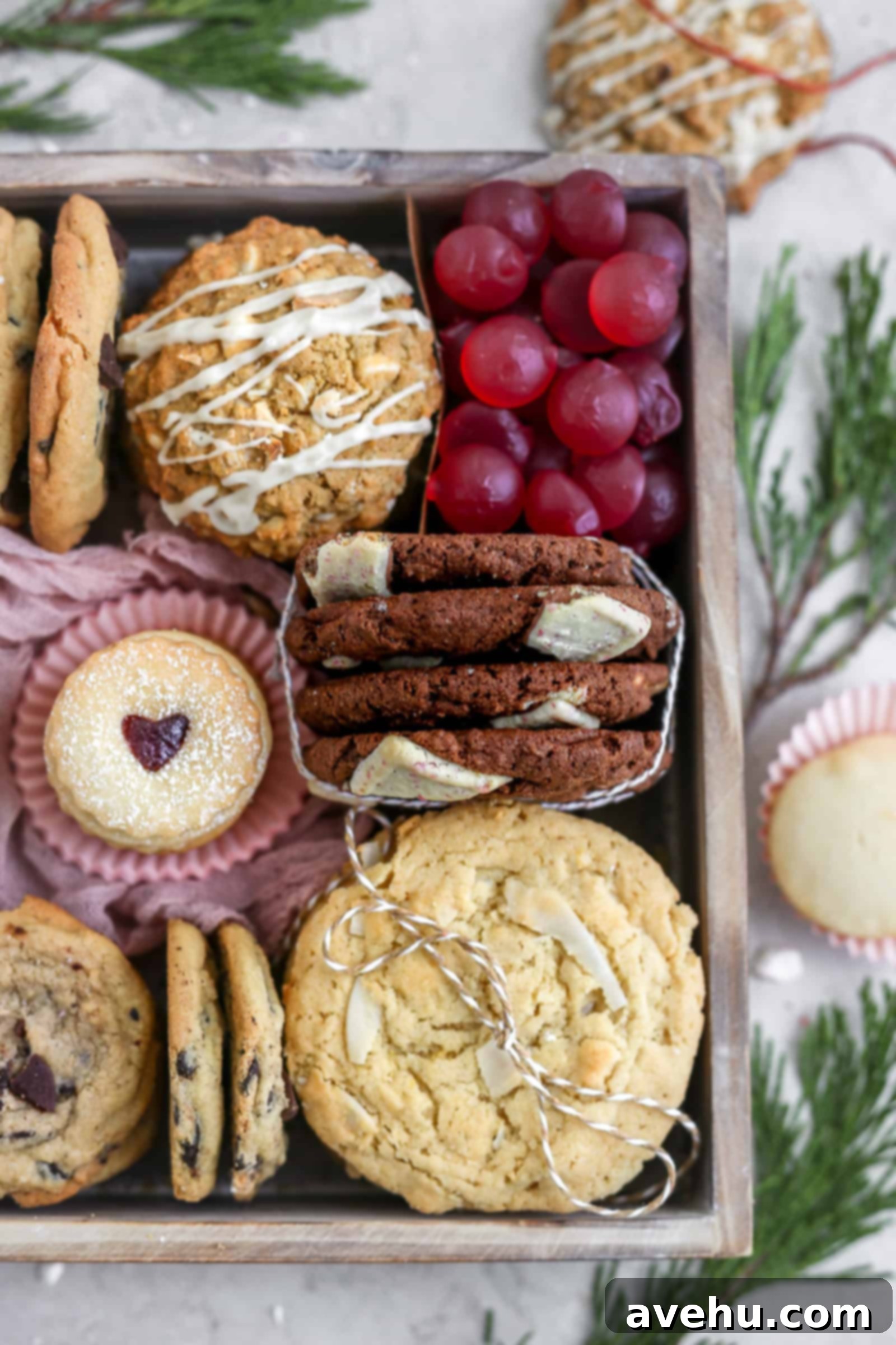 Crafting the Perfect Cookie Gift Box 5 Various types of cookies beautifully arranged in a gift box, showcasing diverse shapes and colors.