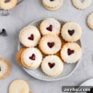 Raspberry Lemon Linzer Cookies 2 Raspberry lemon linzer cookies displayed on a small plate on a grey background.