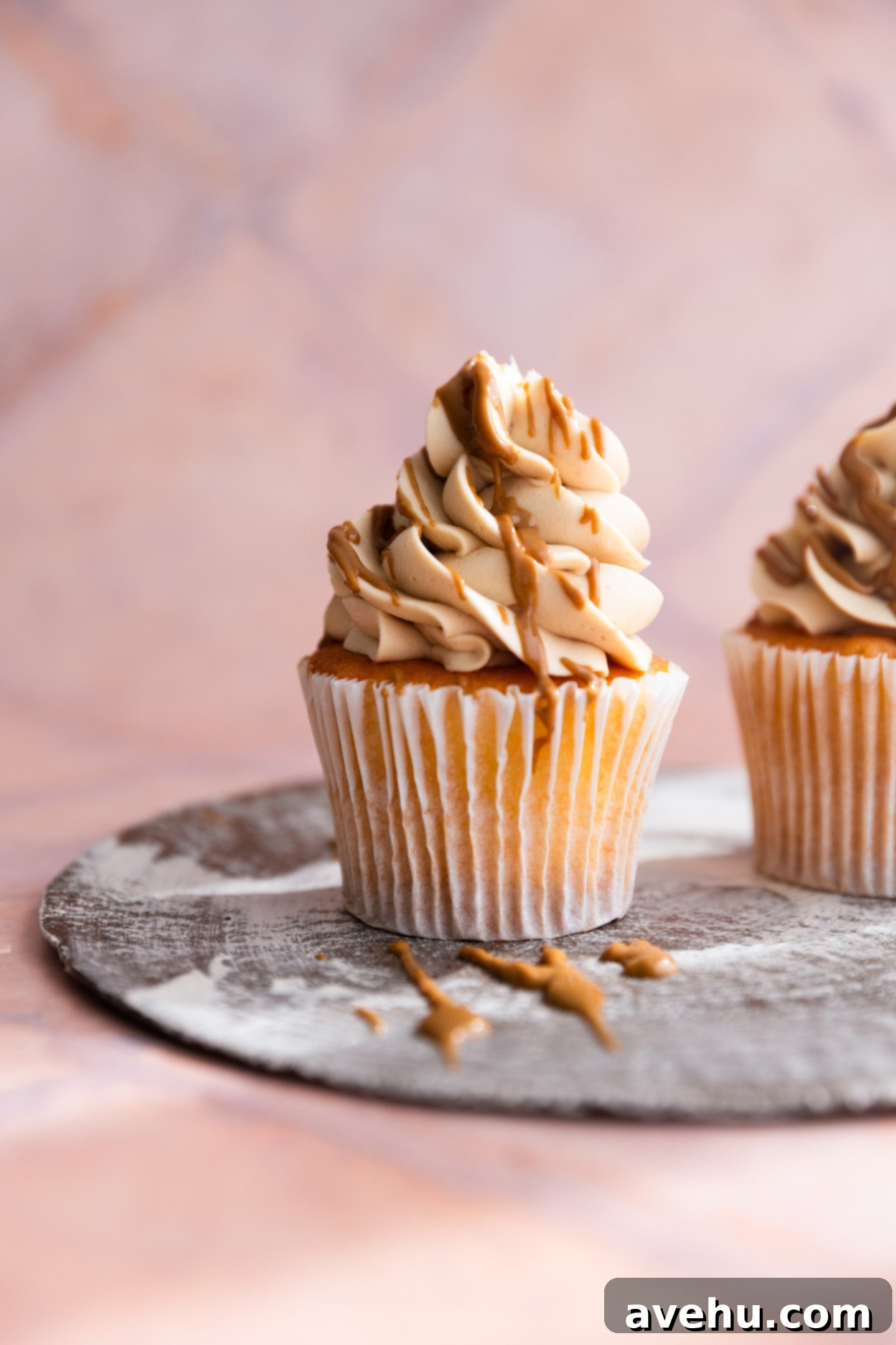 Lush 5-Minute Cookie Butter Frosting 2 A beautifully frosted cupcake with a generous swirl of cookie butter buttercream, elegantly drizzled with melted cookie butter, and ready to be enjoyed.