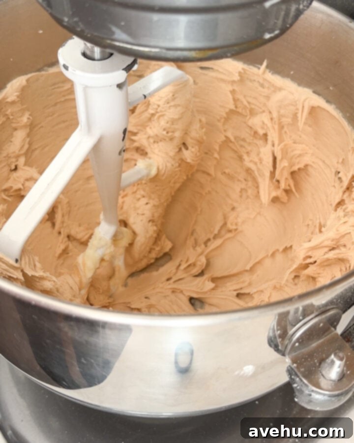 Lush 5-Minute Cookie Butter Frosting 5 The finished cookie butter frosting, thick and fluffy, swirls invitingly in a mixing bowl, ready for use.