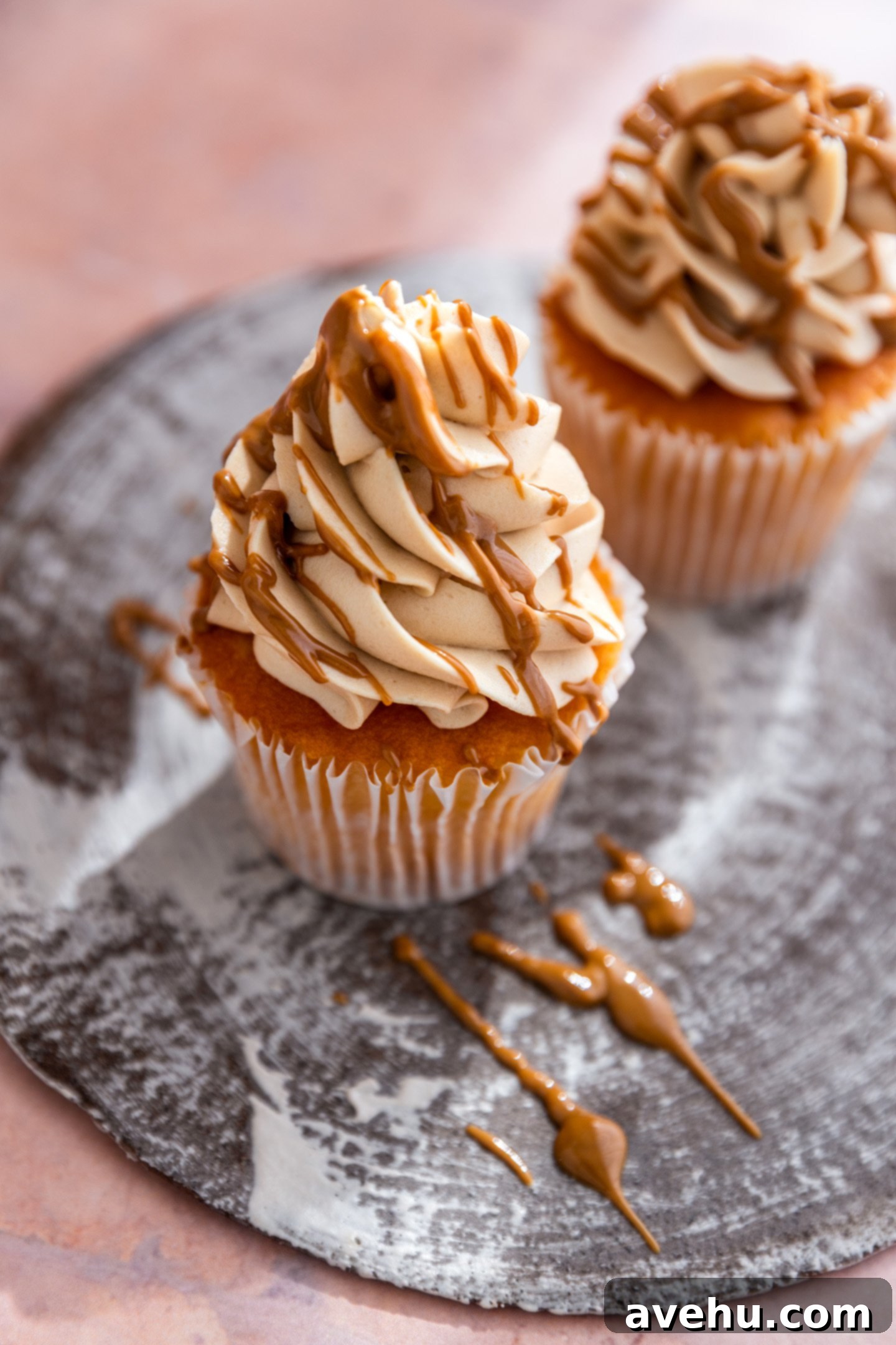 Lush 5-Minute Cookie Butter Frosting 6 A beautifully decorated cookie butter cupcake, drizzled with melted cookie butter, resting on a rustic brown plate, showcasing its homemade elegance.