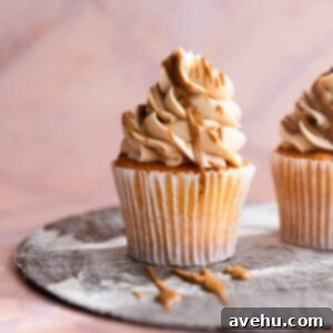 Lush 5-Minute Cookie Butter Frosting 7 A cupcake frosted with cookie butter frosting and drizzled with melted cookie butter, highlighting its rich, spiced flavor.
