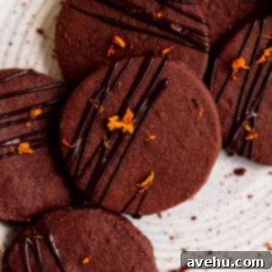 Zesty Orange Dark Chocolate Shortbread 2 A closeup shot of a chocolate orange shortbread cookie on a white speckled plate.