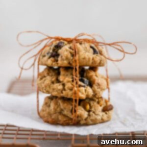 Delightful Cherry Pistachio Oatmeal Cookies 3 Cherry pistachio oatmeal cookies tied up with string displayed on a cookie rack.