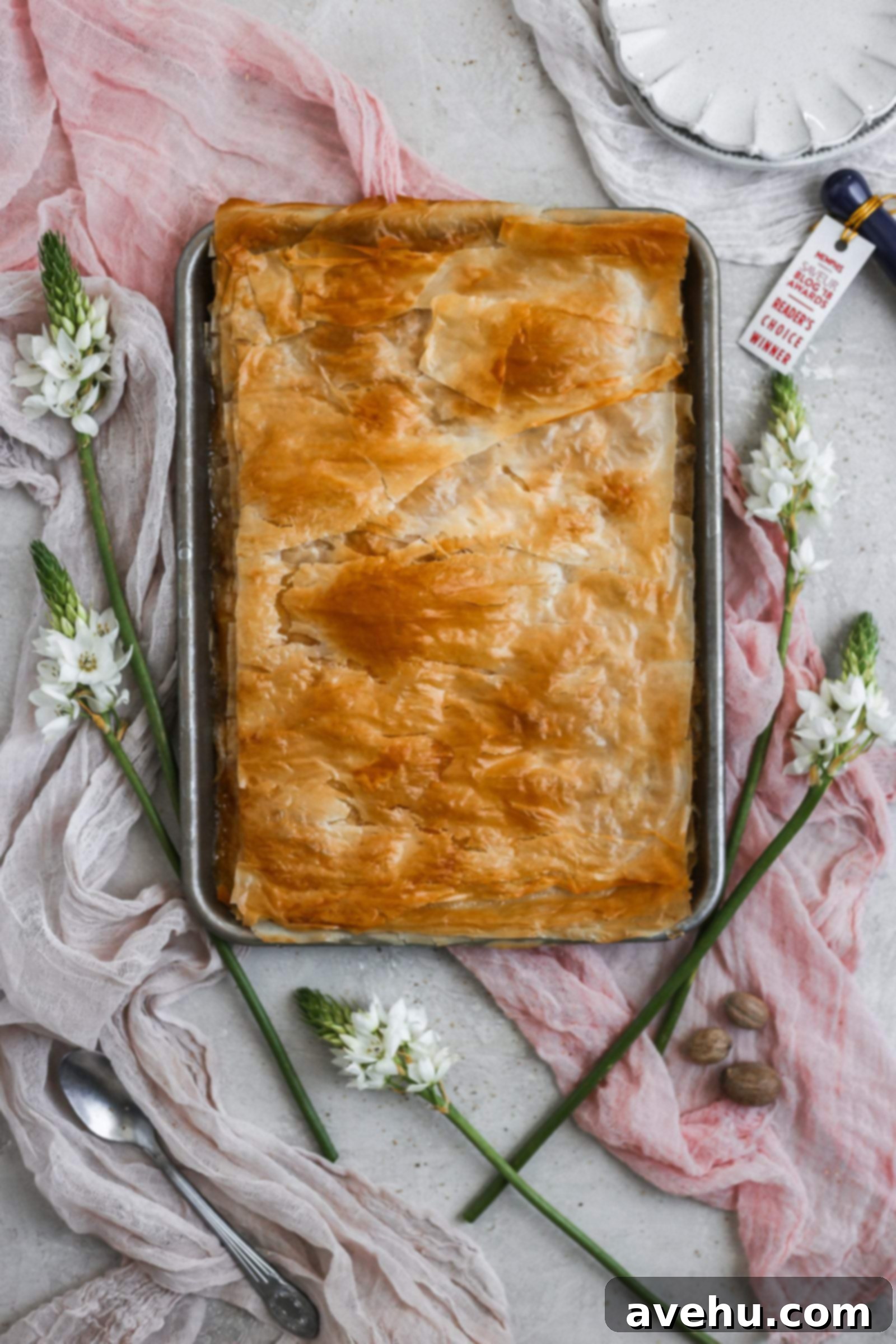 2018 Saveur Blog Awards Peach Slab Pie 2 Peach slab pie made with filo dough on a sheet tray