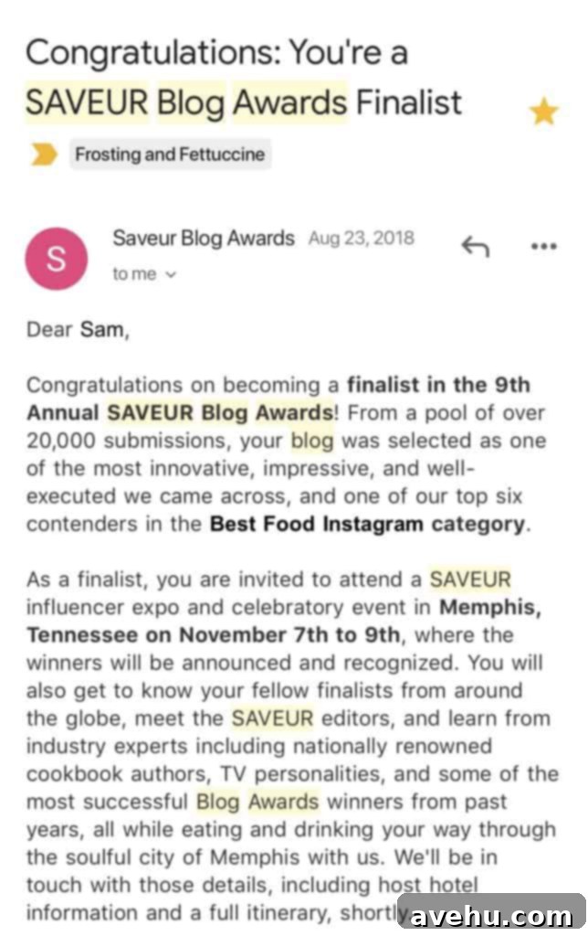 2018 Saveur Blog Awards Peach Slab Pie 4 An congratulations email from Saveur Magazine