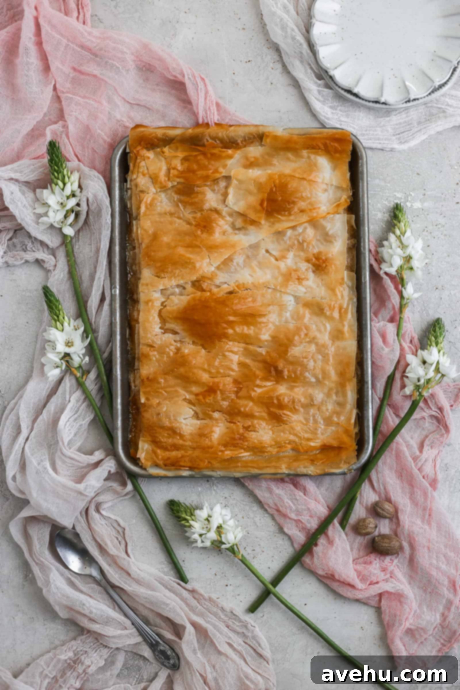 2018 Saveur Blog Awards Peach Slab Pie 8 Peach slab pie made with filo dough on a sheet tray