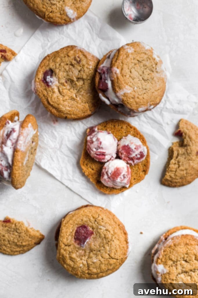 Tangy-Sweet Rhubarb Strawberry Ice Cream Sandwiches 5 A single rhubarb cookie topped with a generous scoop of vanilla ice cream swirled with strawberry rhubarb, ready to be sandwiched.