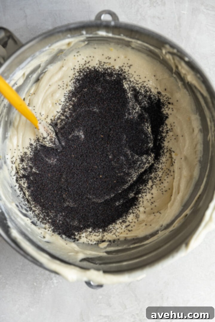 Sunshine Lemon Poppyseed Yogurt Layer Cake 7 Poppy seeds being folded into a lemon cake batter by hand.