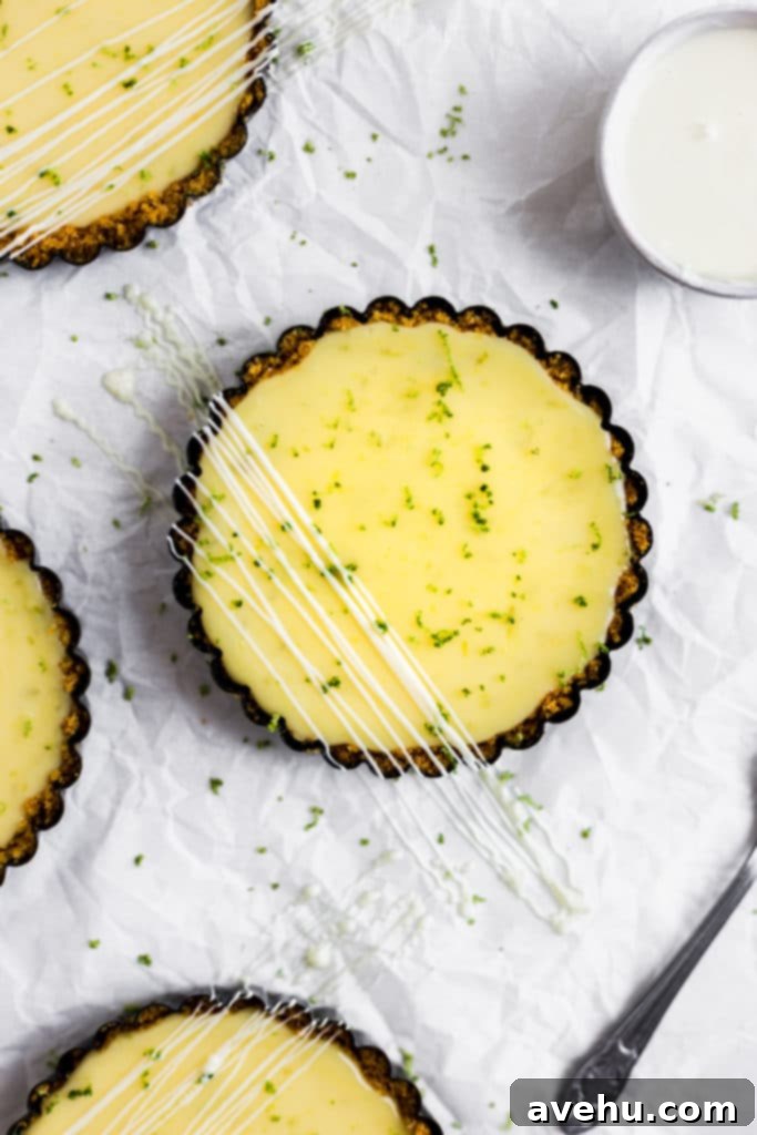 Foolproof Key Lime Pie 6 A single mini key lime pie beautifully drizzled with white chocolate and garnished with lime zest.