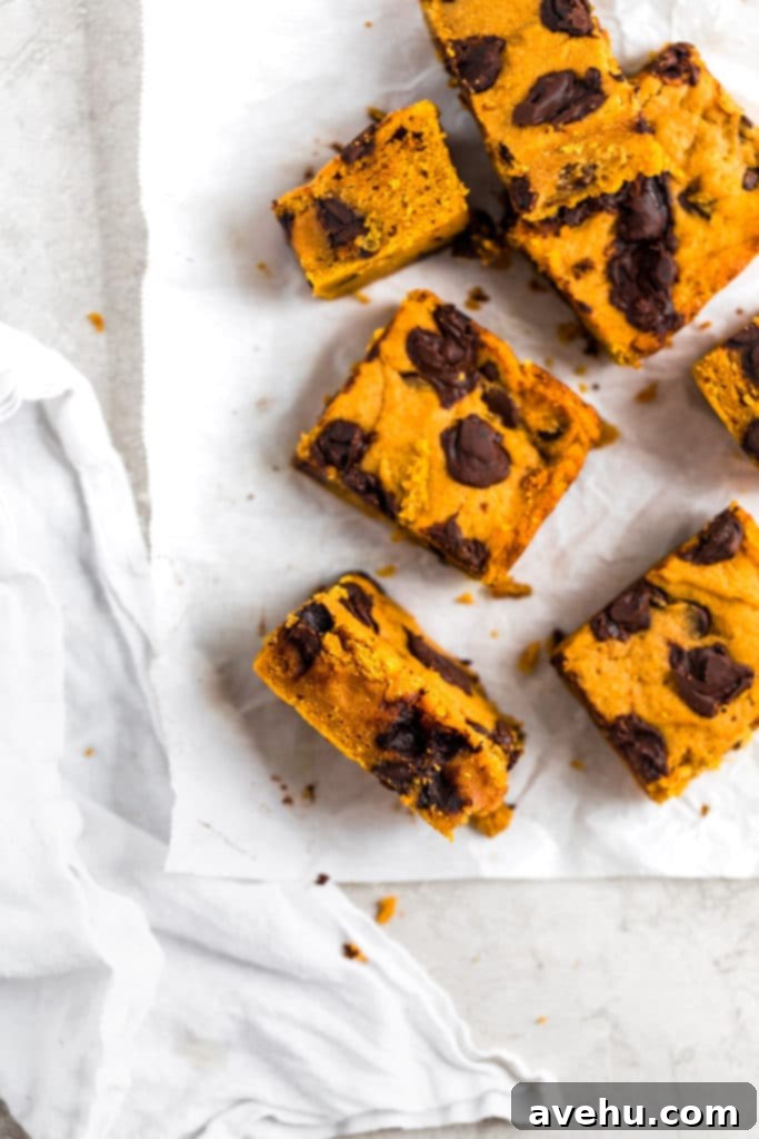 Pumpkin Chocolate Chunk Delights 2 Fudgy pumpkin bars generously studded with chocolate chunks, artfully arranged on parchment paper, ready to be enjoyed as a perfect fall dessert.