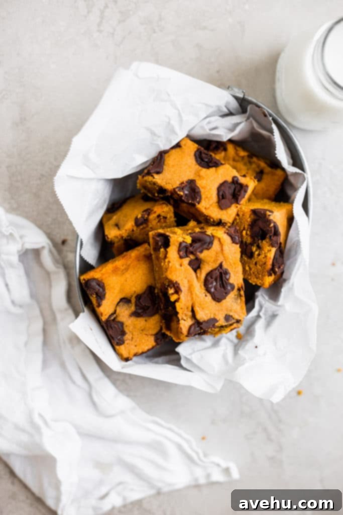 Pumpkin Chocolate Chunk Delights 4 Several golden-brown pumpkin bars with visible chocolate chunks, neatly packed and layered with parchment paper inside a rustic metal tin, ready for gifting or sharing.