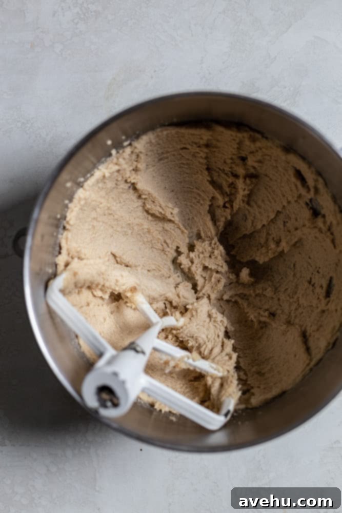Scratch Baked Funfetti Delights 4 Creamed sugar cookie batter in a stand mixer bowl on a grey countertop