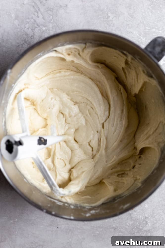 Effortless and Perfectly Moist Blackberry Cake 4 white cake batter in a mixing bowl, perfectly mixed and ready for baking.