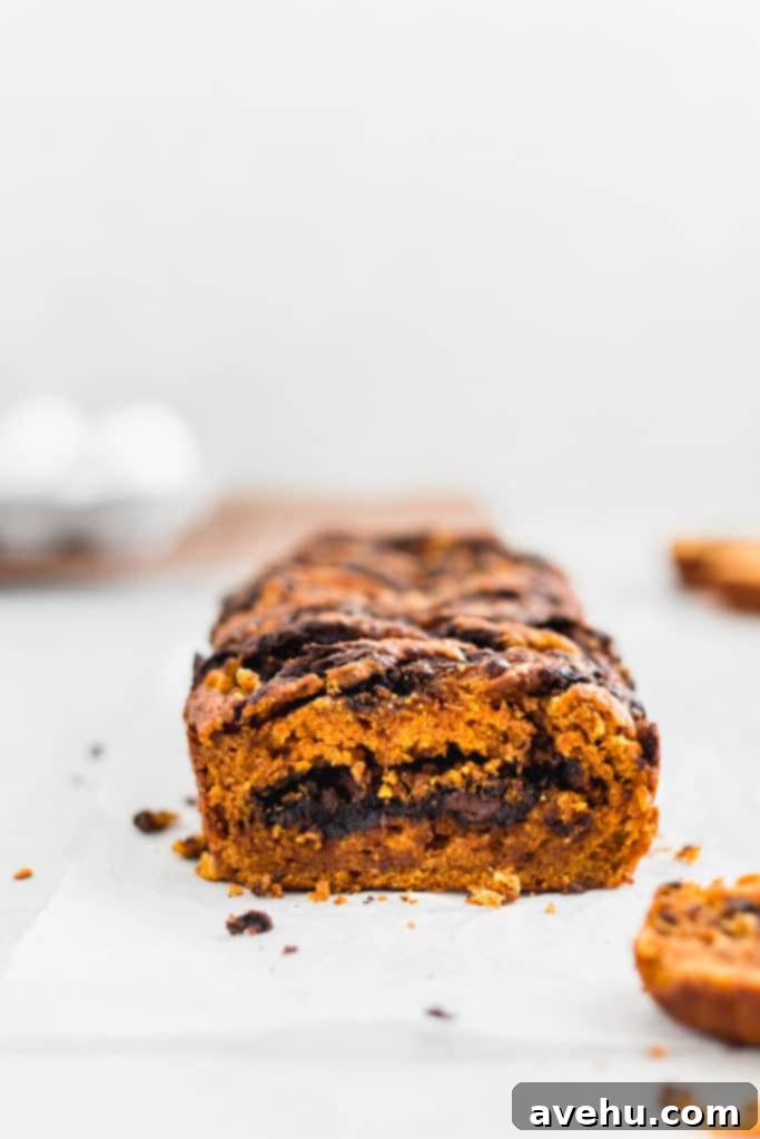 Decadent Chocolate Chip Pumpkin Bread 3 The inside of a moist pumpkin bread with chocolate.