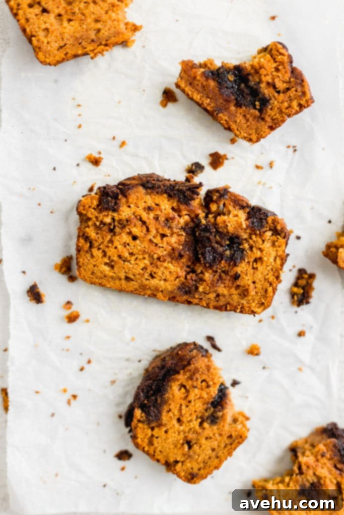 Decadent Chocolate Chip Pumpkin Bread 5 A slice of pumpkin bread with chocolate on a white surface.
