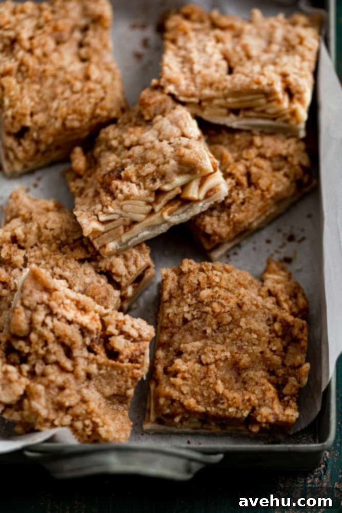 Generous 9x13 Apple Pie Bars 2 Stacked apple pie bars with crumb topping