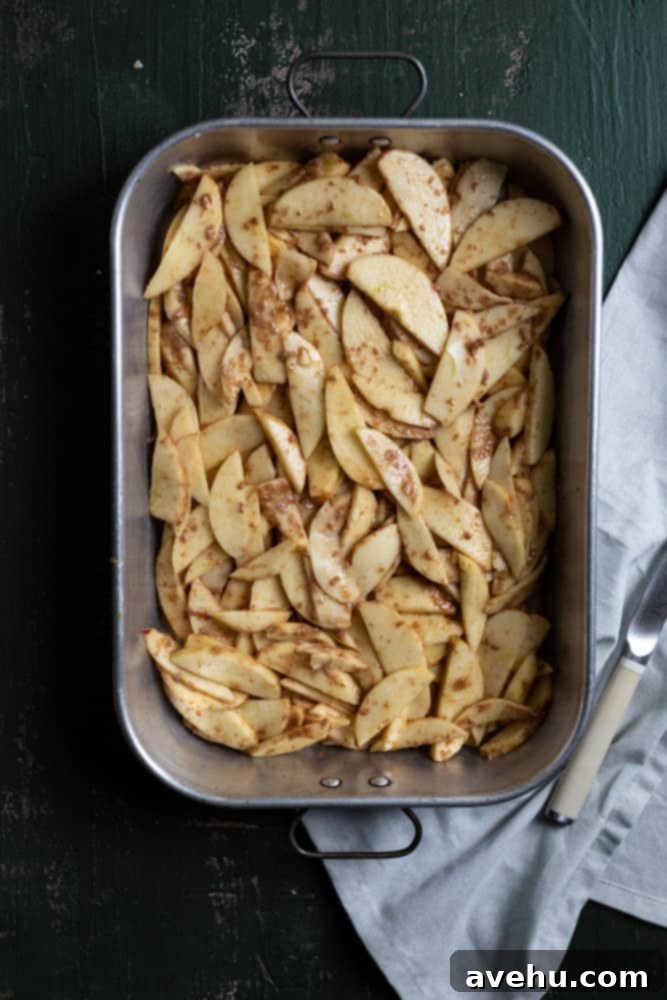 Generous 9x13 Apple Pie Bars 5 Thinly sliced and spiced apples in a baking pan over the crust