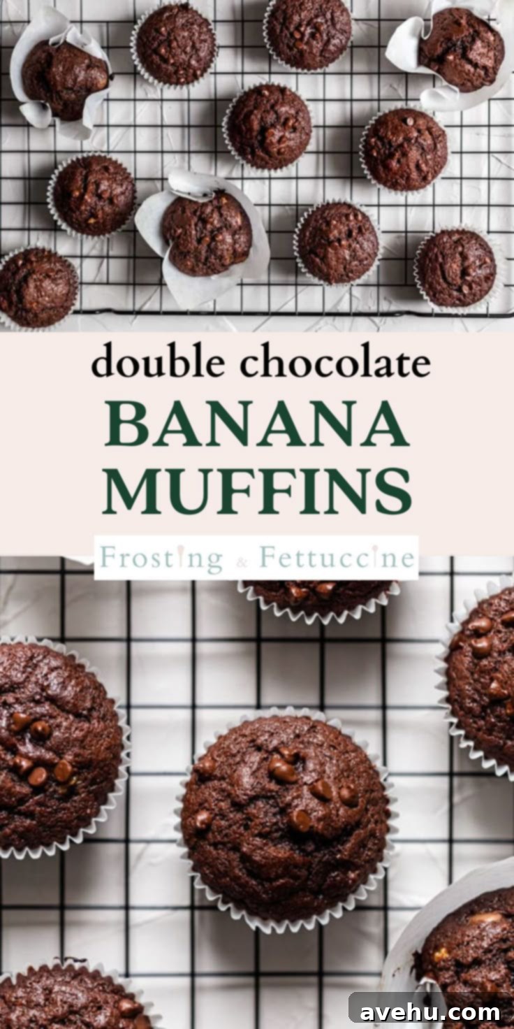 Ultimate Double Chocolate Banana Muffins 3 Pinterest pin for double chocolate banana muffins, featuring a vibrant image and descriptive text.