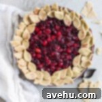 A pre-baked cranberry pie with leaf shapes made from a cookie cutter decorating the border of the pie.