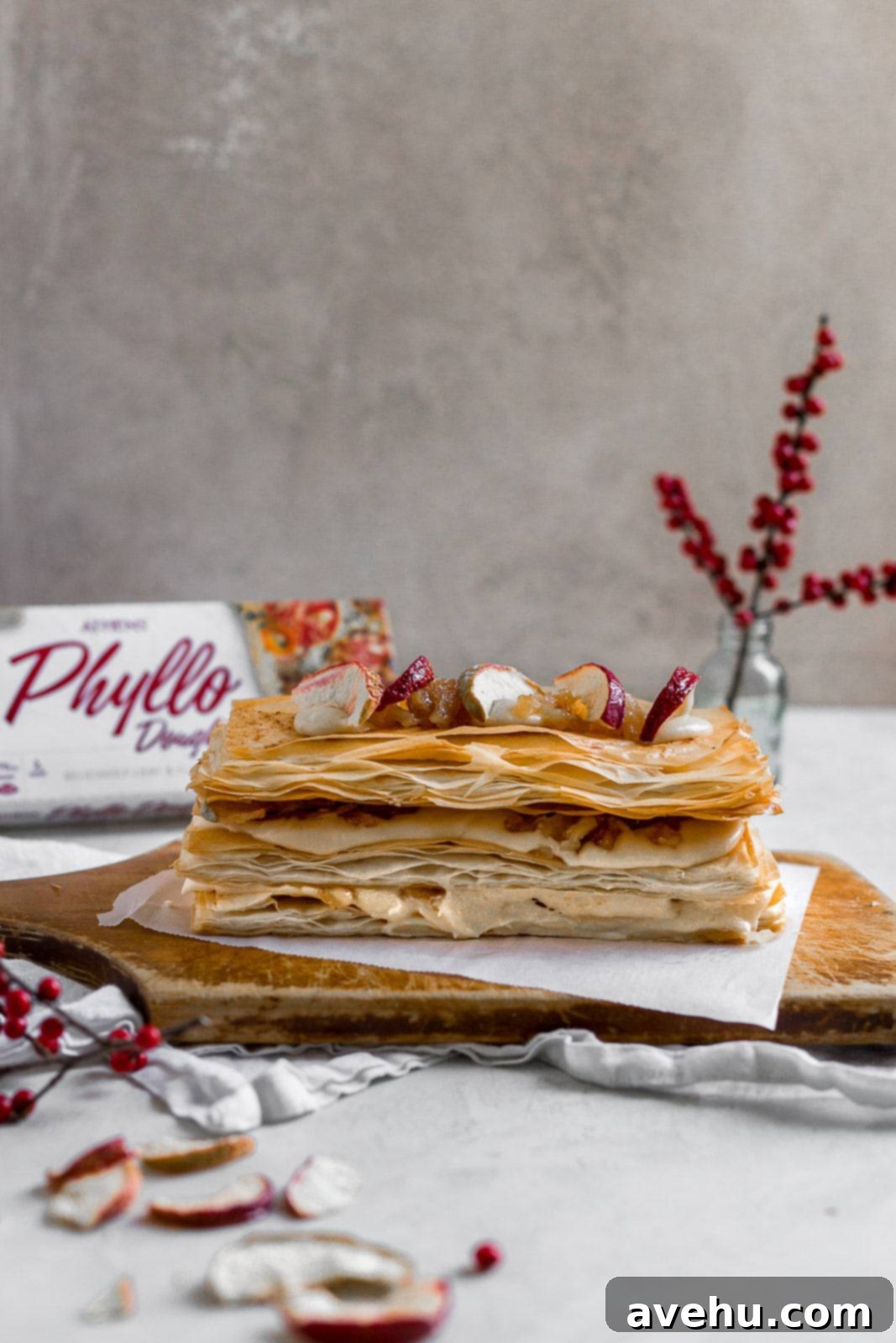 Decadent Caramel Mascarpone Napoleon 3 Napoleon dessert stacked with mascarpone cream and apples