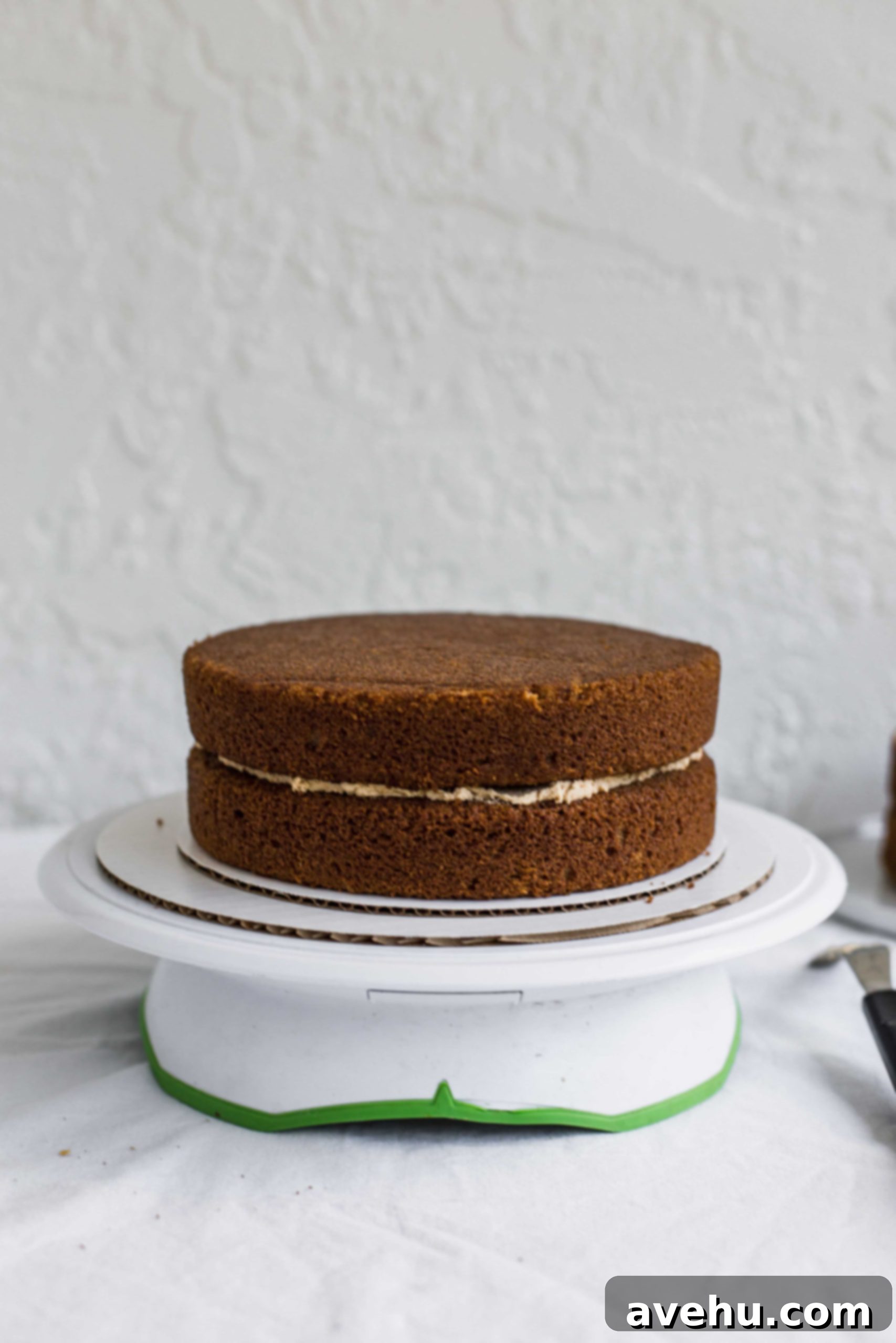 Mastering Two-Tier Cakes: Baking and Stacking Techniques 11 A 2 layer cake filled with frosting on a white turntable