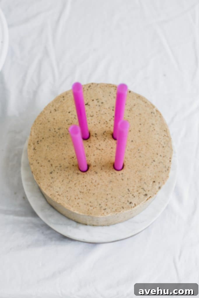 Mastering Two-Tier Cakes: Baking and Stacking Techniques 20 4 pink straws being insterted into the middle of a beige cake