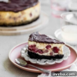 A slice of chocolate cheesecake with cherries in the middle sitting on two plates. The larger one is pink the smaller one is gray. There is a spoon on the pink plate.