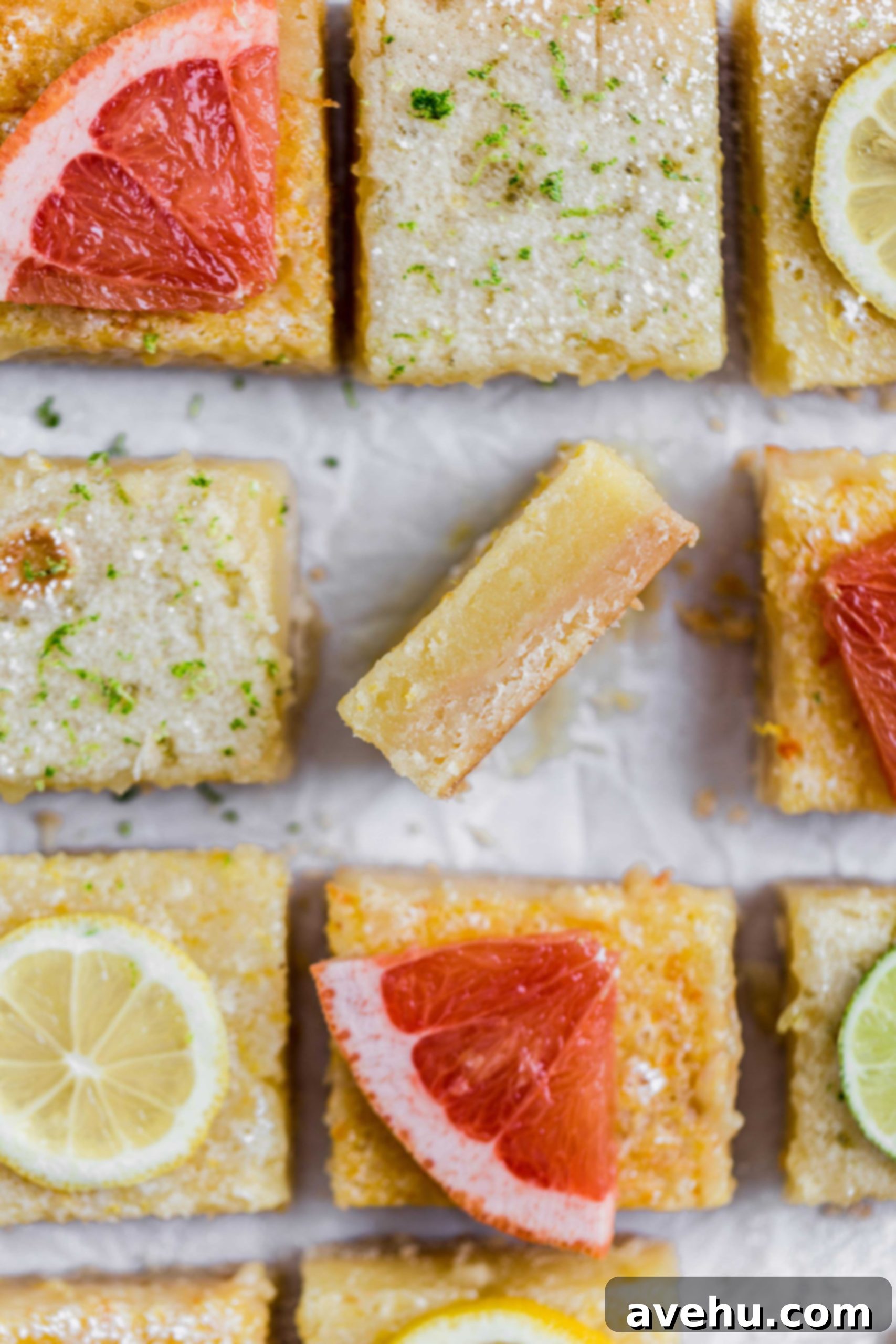 Triple Threat Lemon Bars 2 A lemon bard on its side showing the texture next to other cut squares of lemon bars topped with slices of grapefruit and lemons