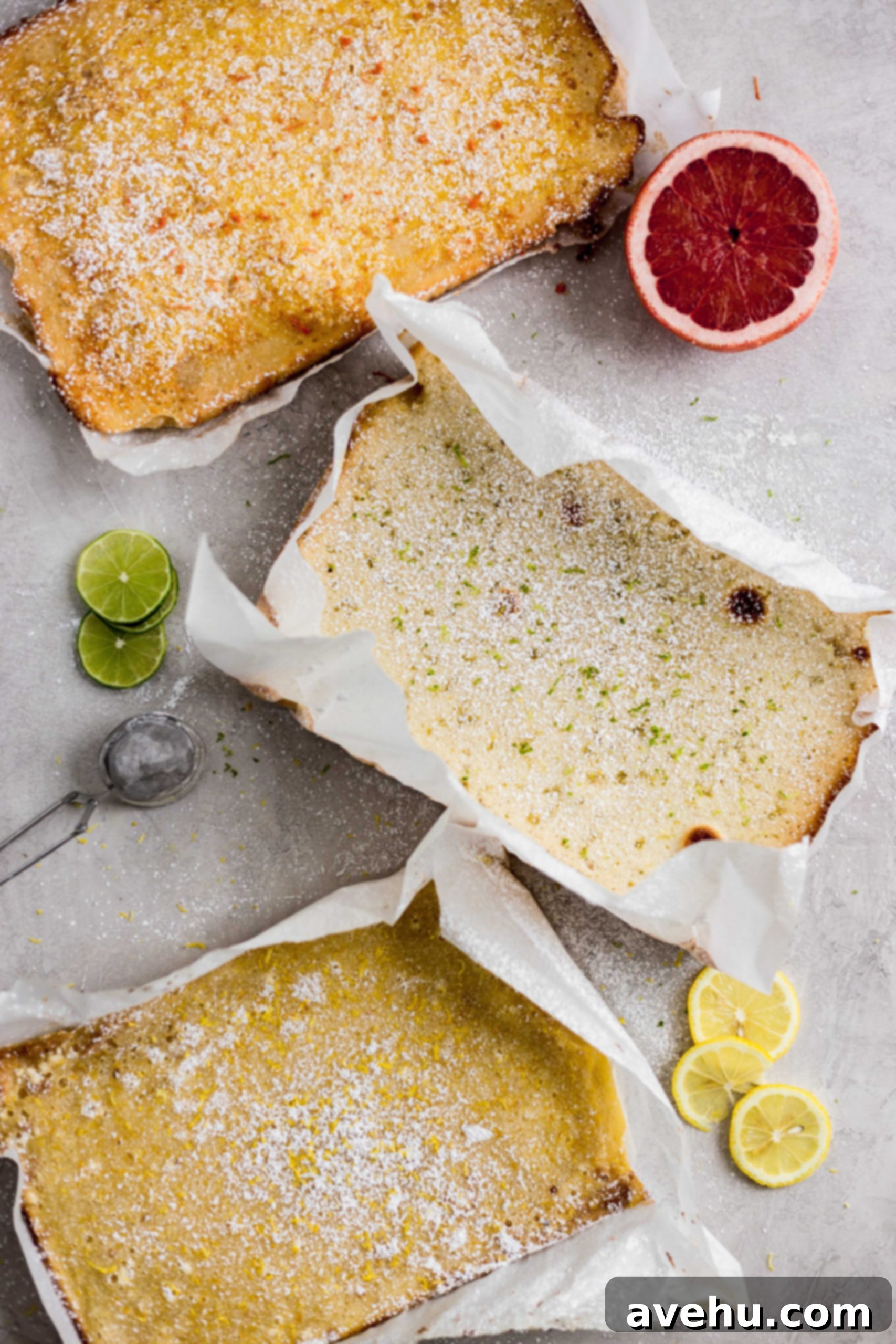 Triple Threat Lemon Bars 3 3 slabs of citrus bars styled on a diagonal on a gray background. The bottom has lemon slices, the middle has lime slices, and the top has half a cut grapefruit.
