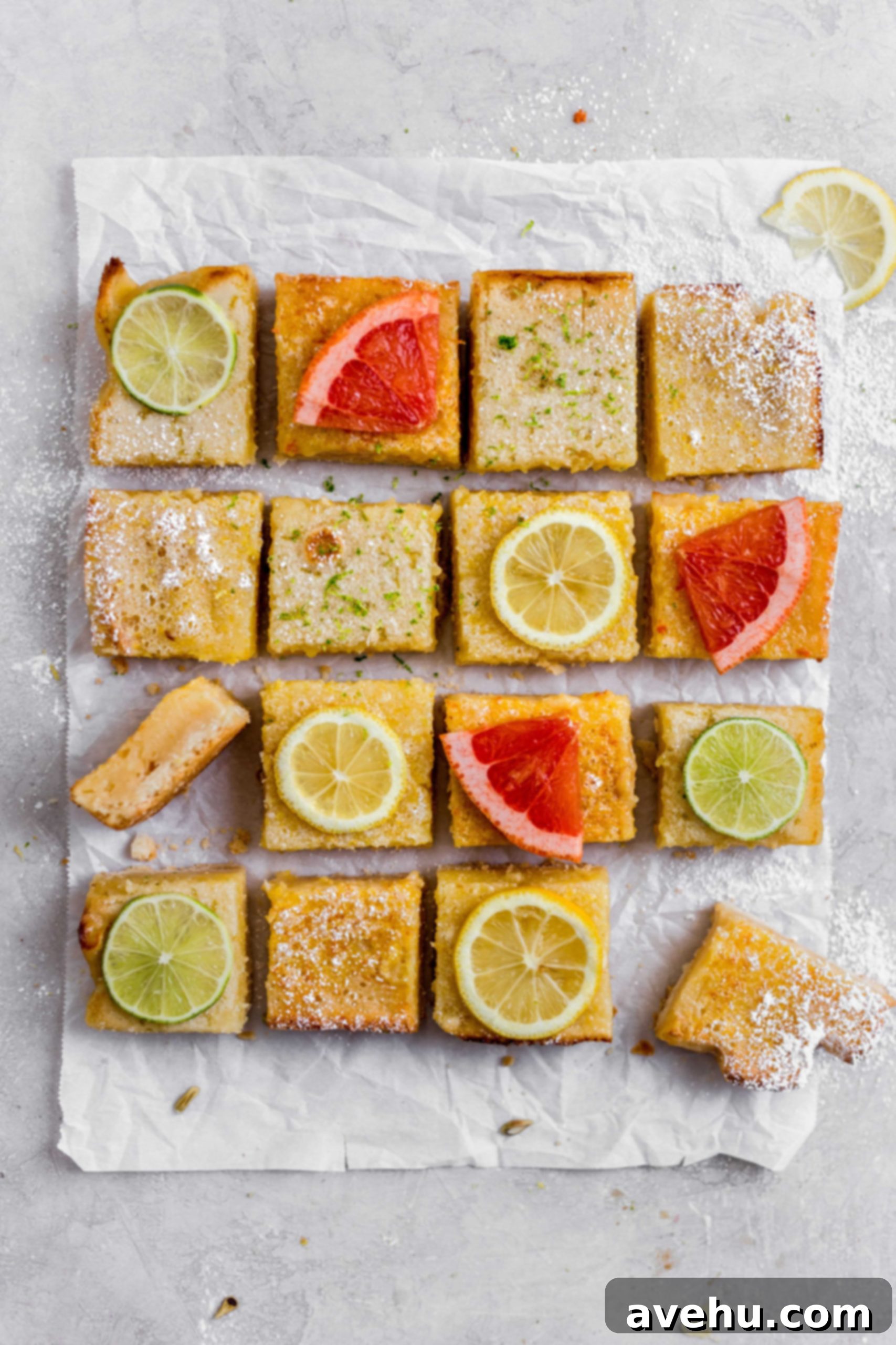 Triple Threat Lemon Bars 5 A lemon bard on its side showing the texture next to other cut squares of lemon bars topped with slices of grapefruit and lemons