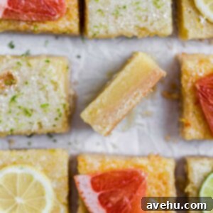Triple Threat Lemon Bars 6 A lemon bard on its side showing the texture next to other cut squares of lemon bars topped with slices of grapefruit and lemons