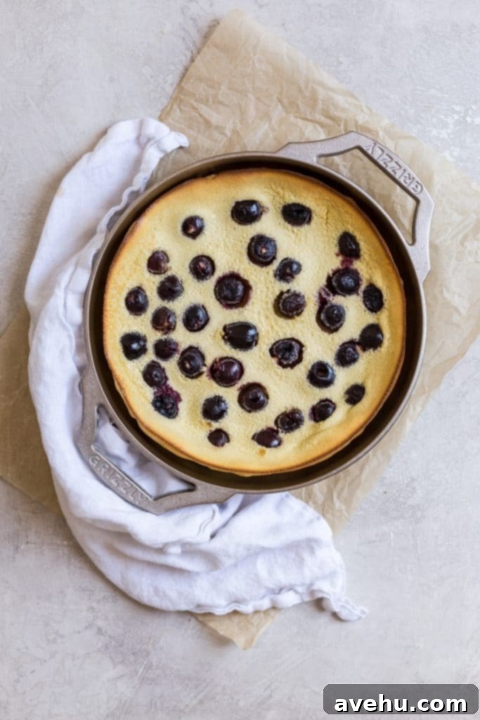 Bourbon Cherry Clafoutis 7 A yellow clafoutis recipe with cherries in it baked in a cast iron pan on a gray surface